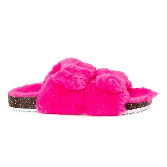 Big kids size 6 Hot pink Two-Buckle Faux Fur Slippers - Picture 4 of 6